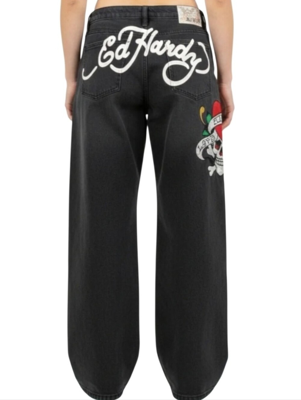 Ed Hardy Embroidered Love Kills Slowly Skull Loose Wide Leg Jeans Y2K Style 30